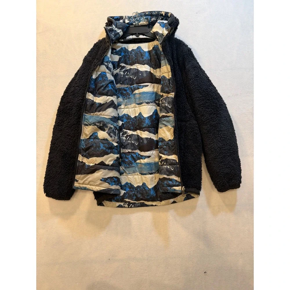 The North Face KidsReversible Fuzzy Fleece Jacket Mountain Print Hood Black14/16